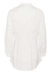 Blusa bianca a maniche lunghe con colletto, polsini arricciati e superficie liscia. Presenta un retro sagomato con cuciture verticali.