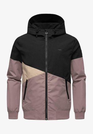 Chaqueta con capucha en diseño a bloques de color en negro, beige y malva. Cuenta con cierre de cremallera, bolsillos laterales y puños acanalados. Textura suave.