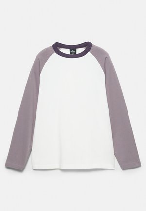 Long-sleeve raglan shirt with white body, light purple sleeves, and dark purple collar, displayed flat on a white background.