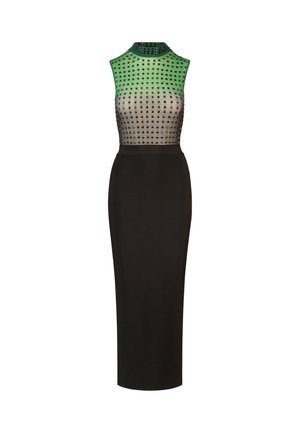 Sleeveless dress with a green and black studded mesh bodice and a fitted black skirt; highlights include a high neckline and sleek silhouette.
