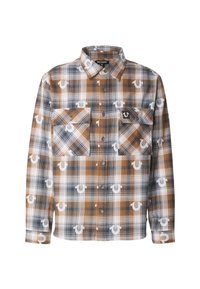 Camicia a quadri marrone e blu scuro con bottoni, dotata di due tasche frontali e dettaglio con logo. Realizzata in un tessuto strutturato con motivo a quadretti.