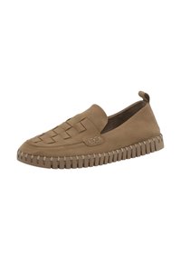 Zapato marrón de ante tipo slip-on con patrón tejido en la parte superior, suela de goma con estrías texturizadas y una lengüeta en el talón para facilitar el uso.