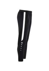 Schwarze Sporthose mit einem weißen Streifen an der Seite, elastischem Bund und Knopfdetails am unteren Bein. Glatte Stoffoberfläche.