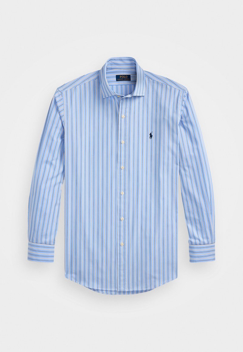 Μπλε και λευκή ριγέ πουκάμισο με γιακά που κουμπώνει, μακριά μανίκια και μικρό λογότυπο στο αριστερό στήθος. Ύφασμα από βαμβακερό μείγμα.