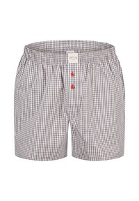 Boxer in cotone a quadri grigi e bianchi, con bottoni rossi e una cintura elastica per il massimo comfort.