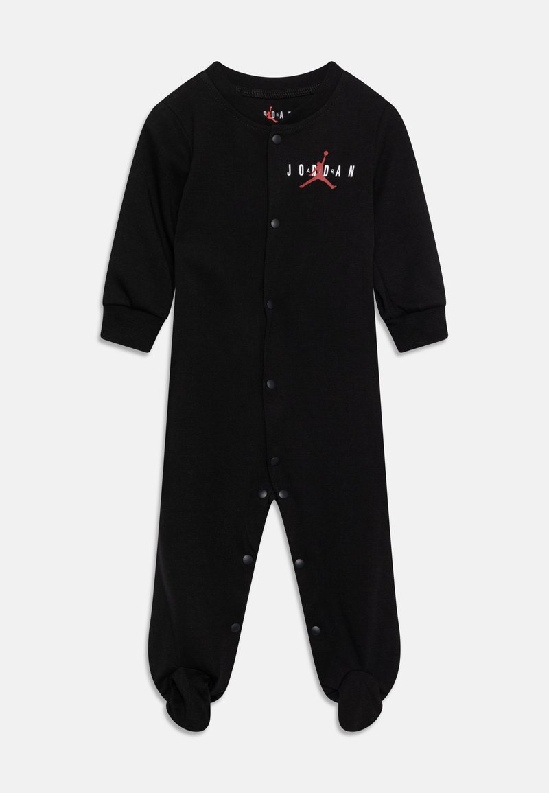 Monosie de algodón negro para bebé con mangas largas, cierre de botones de presión, cuello redondeado, con un logo de Jordan en rojo y blanco en el pecho.
