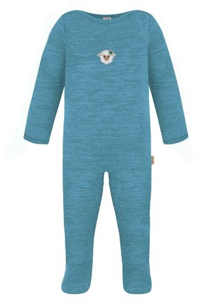 Türkiser Overall aus weichem Stoff, mit langen Ärmeln, Fußdesign und einer Schafstickerei auf der Brust.