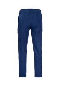 Navy blue, stretchy pants with an elastic waistband. Smooth texture, tapered shape, and no visible seams or patterns on the back.
