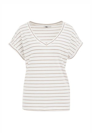 Satiinipun V-neck t-paita vaaleassa kerma-värissä, jossa on ohuet beige raidat. Lyhyet hihat, pehmeästä kankaasta valmistettu, rento istuvuus ja sileä pinta.