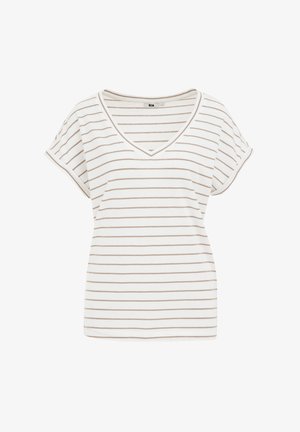 Stribet V-hals t-shirt i cremefarve med tynde beige striber. Korte ærmer, lavet af blødt stof, har en afslappet pasform og en glat tekstur.