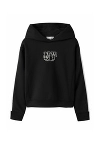 Haut à capuche noir avec une grande capuche, arborant le texte blanc NY Varsity League et des rayures blanches sur les côtés. Fabriqué en tissu doux et texturé.