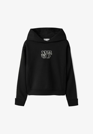 Haut à capuche noir avec une grande capuche, arborant le texte blanc NY Varsity League et des rayures blanches sur les côtés. Fabriqué en tissu doux et texturé.