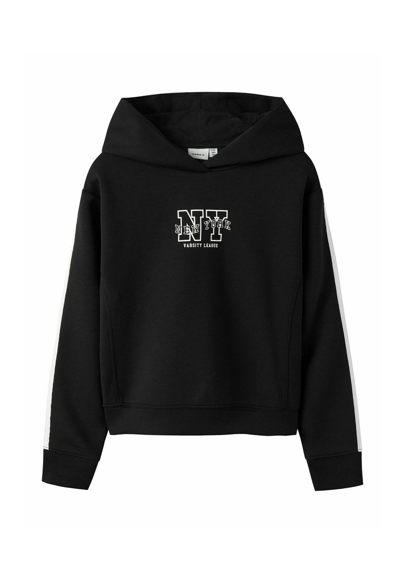 Haut à capuche noir avec une grande capuche, arborant le texte blanc NY Varsity League et des rayures blanches sur les côtés. Fabriqué en tissu doux et texturé.