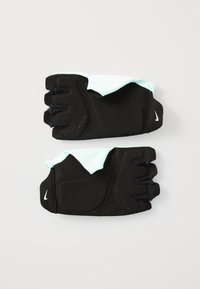 Guanti sportivi neri con accenti verde menta. Presentano un palmo imbottito, design senza dita e logo Nike. Superficie testurizzata per una presa migliore.