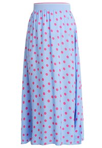 Gonna lunga azzurro chiaro con grandi pois rosa. Presenta una vita elastica e un design fluido per il massimo comfort. Tessuto dalla texture liscia.