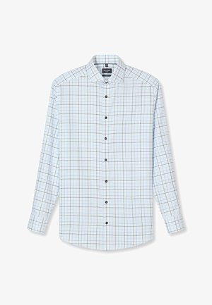 Weißes langärmliges Hemd mit Knöpfen, blau-schwarzes Karomuster und klassischem Kragen, flach auf einem weißen Hintergrund präsentiert.