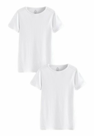 Deux t-shirts en coton blanc uni à manches courtes et encolures rondes, affichant une texture lisse et sans motifs ni accents visibles.