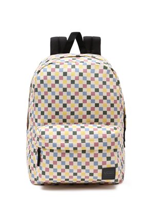 Rugzak met zwarte banden, meerkleurig geruit patroon in geel, roze, blauw en groen, voorvak met rits, Vans logo patch rechtsonder.