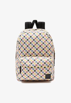 Sac à dos avec bretelles noires, motif à carreaux multicolores en jaune, rose, bleu et vert, poche zippée à l'avant, écusson logo Vans en bas à droite.