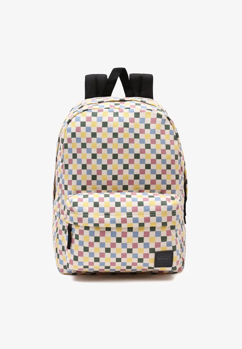 Sac à dos avec bretelles noires, motif à carreaux multicolores en jaune, rose, bleu et vert, poche zippée à l'avant, écusson logo Vans en bas à droite.