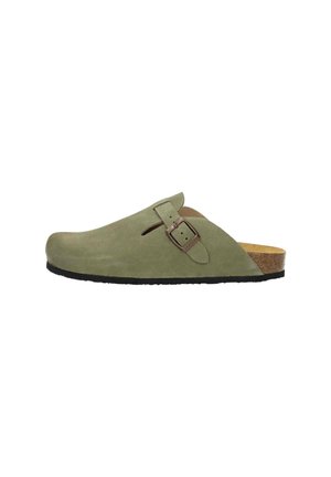 Green suede slip-on shoe with a cork footbed, a single adjustable buckle, and a rounded toe design. Black rubber sole with cutout detail.