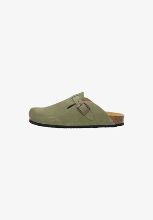 Green suede slip-on shoe with a cork footbed, a single adjustable buckle, and a rounded toe design. Black rubber sole with cutout detail.
