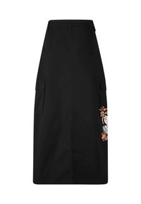 Sort nederdel lavet af en blanding af bomuldsstof, med lige snit, sidelommer og detaljeret blomster- og figurmønster broderi på den ene side.