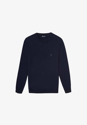 Dunkelblauer Strickpullover mit langen Ärmeln, rundem Ausschnitt und dezentem Logo-Detail auf der Brust. Glatte Textur und klassischer Schnitt.