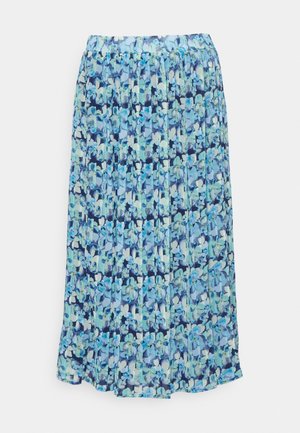 Pleated maxi skirt made of lightweight fabric featuring a floral pattern in shades of blue on a navy background. Elastic waistband design.