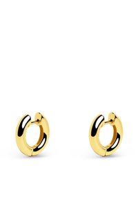 Orecchini a cerchio in oro con un design liscio e arrotondato e una finitura lucida. Chiusura con perno e farfalla; leggeri e dalla forma semplice.