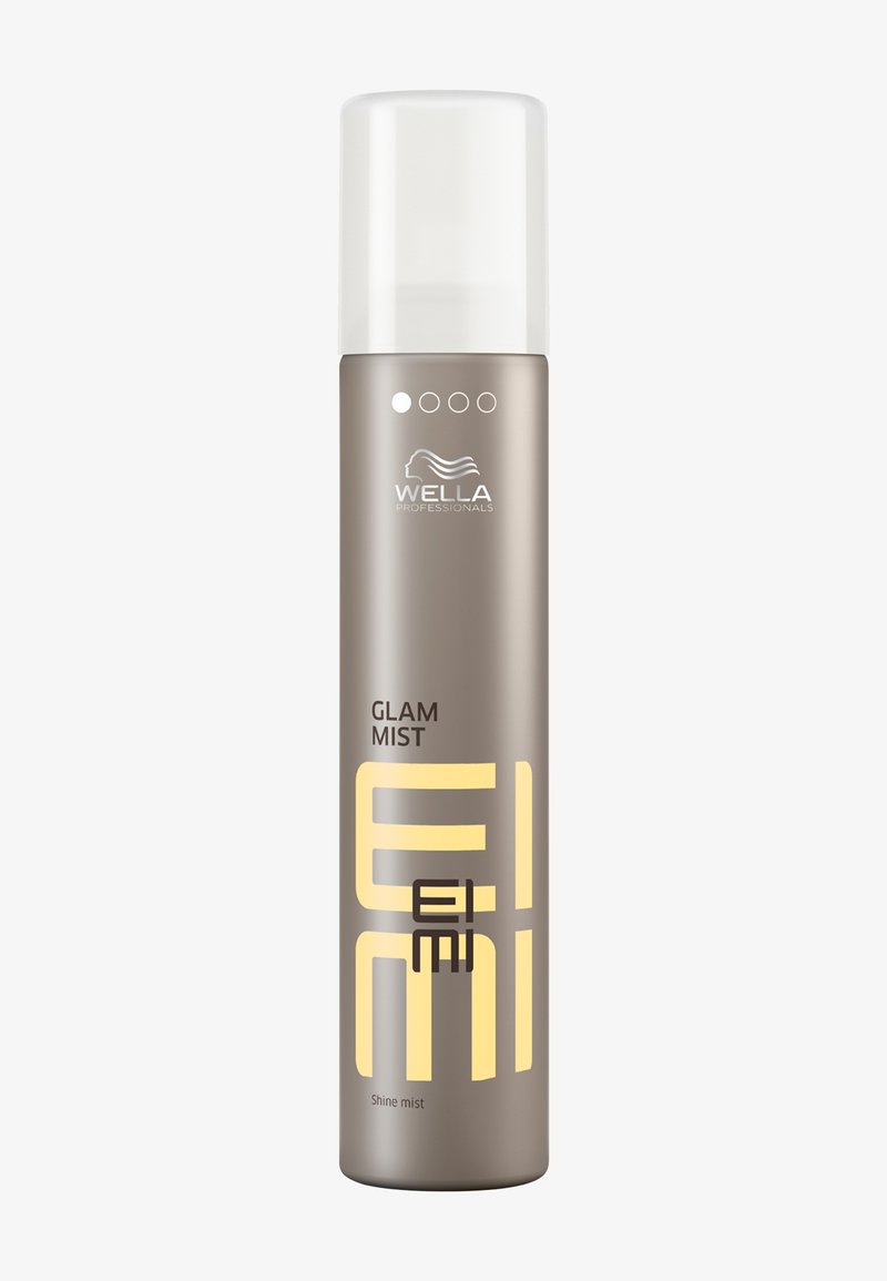 Spray brillance Wella Professionals EIMI Glam Mist avec corps argenté et capuchon transparent sur fond blanc.