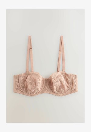 Čipkasti modrček z žičkami v mehki breskvi, s cvetličnim vzorcem, valovitim robom, nastavljivimi naramnicami in brezšivnim pasom za oporo.