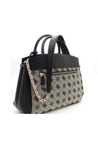 Zwarte leren handtas met patroonstof, gestructureerde vorm, gouden kettingaccent en een ritsvak aan de voorkant.