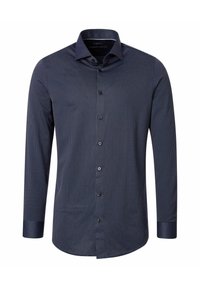 Marineblauwe langarmshirt met een klein, geometrisch patroon. Voorzien van een klassieke kraag en knoopsluiting aan de voorkant. Zachte textuur.