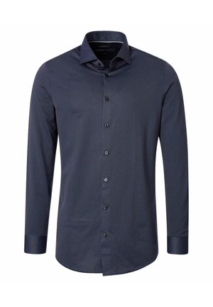 Marineblaues Langarmhemd mit einem kleinen, geometrischen Muster. Verfügt über einen klassischen Kragen und Knopfverschlüsse auf der Vorderseite. Weiche Textur.