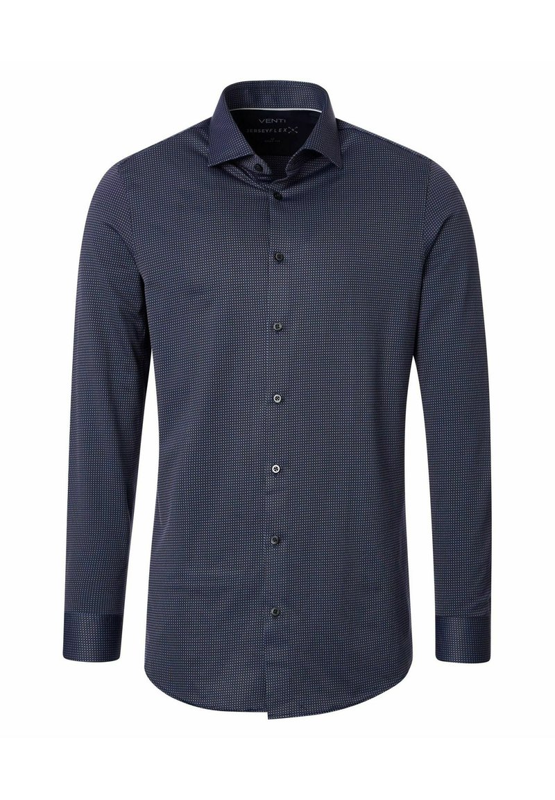 Marineblauwe langarmshirt met een klein, geometrisch patroon. Voorzien van een klassieke kraag en knoopsluiting aan de voorkant. Zachte textuur.