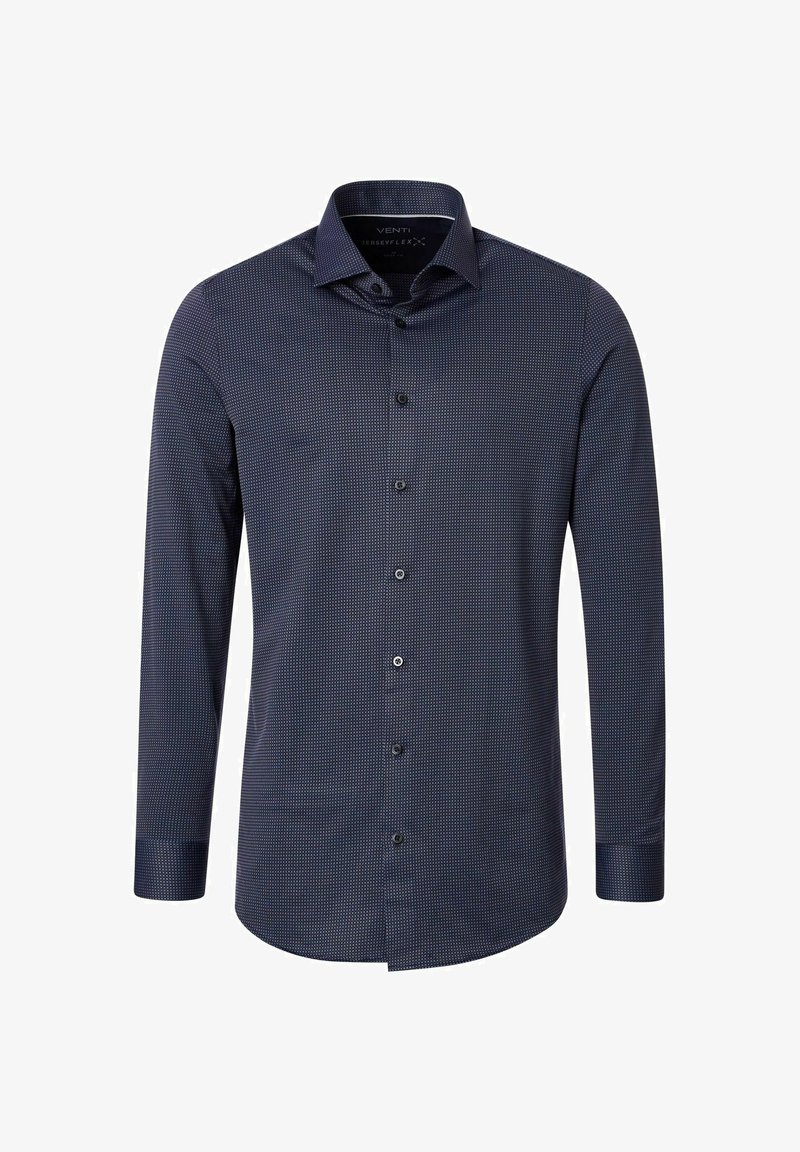 Marineblauwe langarmshirt met een klein, geometrisch patroon. Voorzien van een klassieke kraag en knoopsluiting aan de voorkant. Zachte textuur.