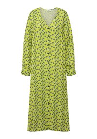 Lang knap-up kjole i lysegul-grøn med et blomsterdesign i grøn og hvid, med V-udskæring og lange ærmer.