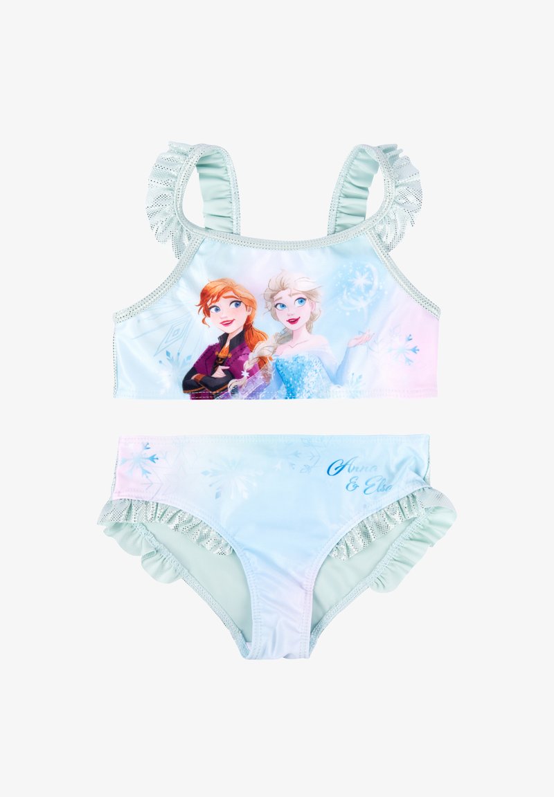Two-piece swimsuit featuring a light blue color with a ruffled design. The top has a graphic of two characters, while the bottom has ruffles.