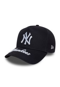 Black baseball cap made of fabric with a curved brim, featuring a white embroidered logo and "Yankees" stitching on the front.
