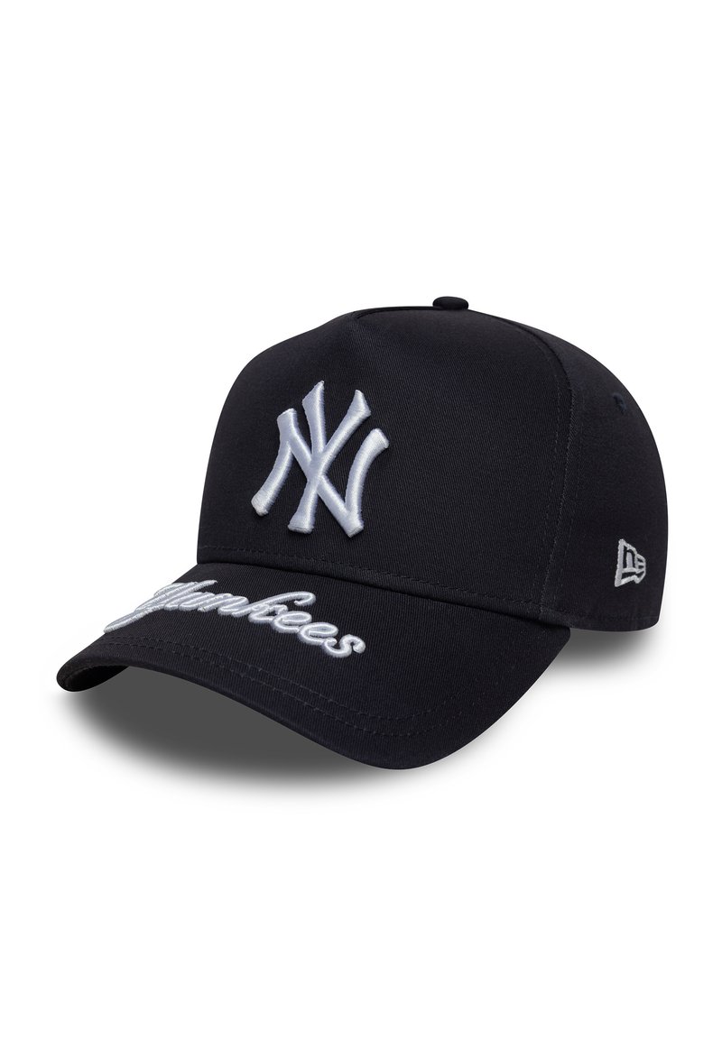 Black baseball cap made of fabric with a curved brim, featuring a white embroidered logo and "Yankees" stitching on the front.