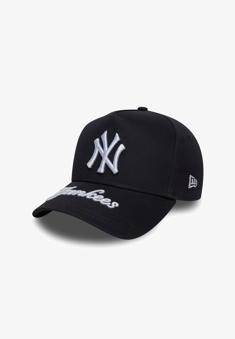 Black baseball cap made of fabric with a curved brim, featuring a white embroidered logo and "Yankees" stitching on the front.