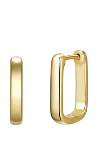 Auksinės apyrankės auskarai su stačiakampiu dizainu, turintys sklandžią, poliruotą tekstūrą ir be siūlių vyrių konstrukciją, užtikrinančią saugų uždarymą.