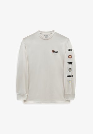 Long-sleeve cream t-shirt with a round neck. Features a small logo and floral graphics along the sleeve. Soft, smooth texture.