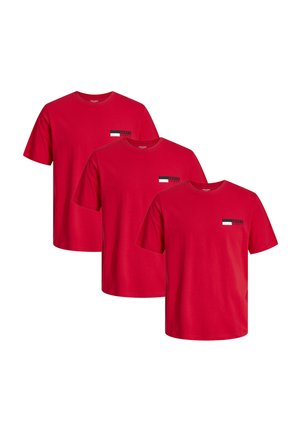 Three red cotton t-shirts with crew necks. Each features a small black and white rectangular logo on the left chest area.