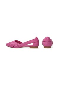 Rosa Ballerinas aus synthetischem Material mit perforiertem Design, niedrigem Absatz und offener Ferse. Abgerundete Spitze und gewellte Kanten für zusätzliche Details.