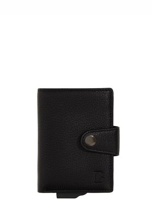 Black textured leather wallet with snap button closure and embossed letter B on the lower right corner, isolated on white.