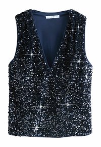 Navy blue sleeveless top covered in sequins with a deep V-neckline. Smooth inner lining, glittering accents, and a fitted design.