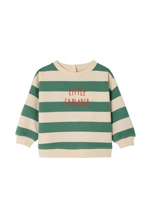 Child’s long-sleeve shirt with green and beige horizontal stripes, red text "Little Explorer" on front, ribbed cuffs and neckline, button closure at back.