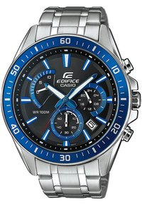 Montre en acier inoxydable argenté avec un cadran noir, des accents bleus, des sous-cadrans chronographes et une lunette bleue ; étanche jusqu'à 100 mètres.